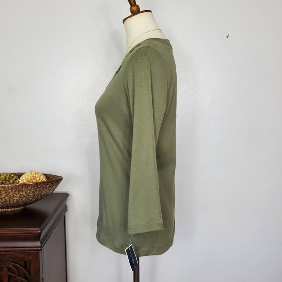 Karen Scott Olive Green Grommet V-Neck 100% Cotton Knit Top NEW NWT Size S - Picture 3 of 8
